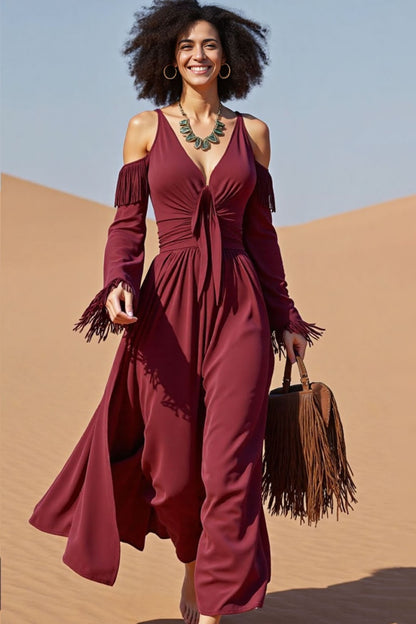 Vacation Casual Loose Dress Red V Neck Tassel Long Sleeve Maxi Dress