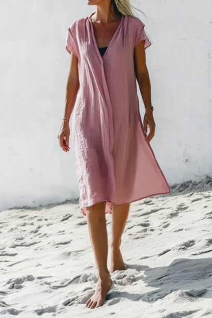 Vacation Casual Loose Dress Purple V Neck Short Sleeve Midi Dress