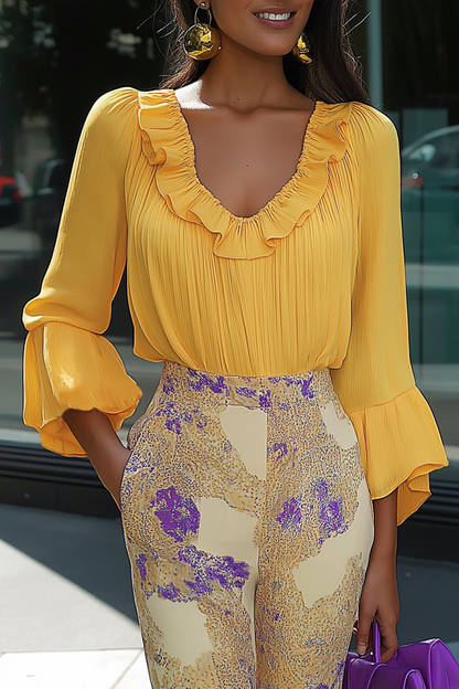 Basic Casual Top V Neck Yellow Ruffle 3/4 Length Sleeve Top