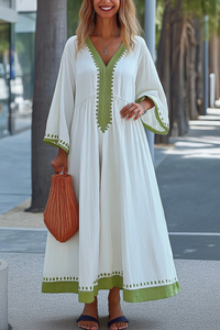 Vacation Casual Loose Dress Green V Neck 3/4 Length Sleeve Maxi Dress