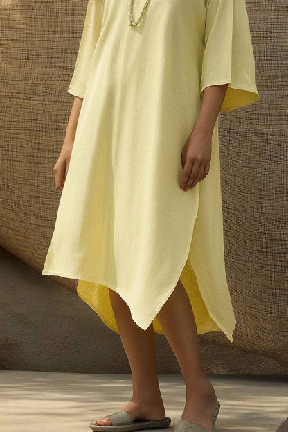 Vacation Casual Loose Dress Linen Light Yellow V-Neck Side Slit Maxi Dress