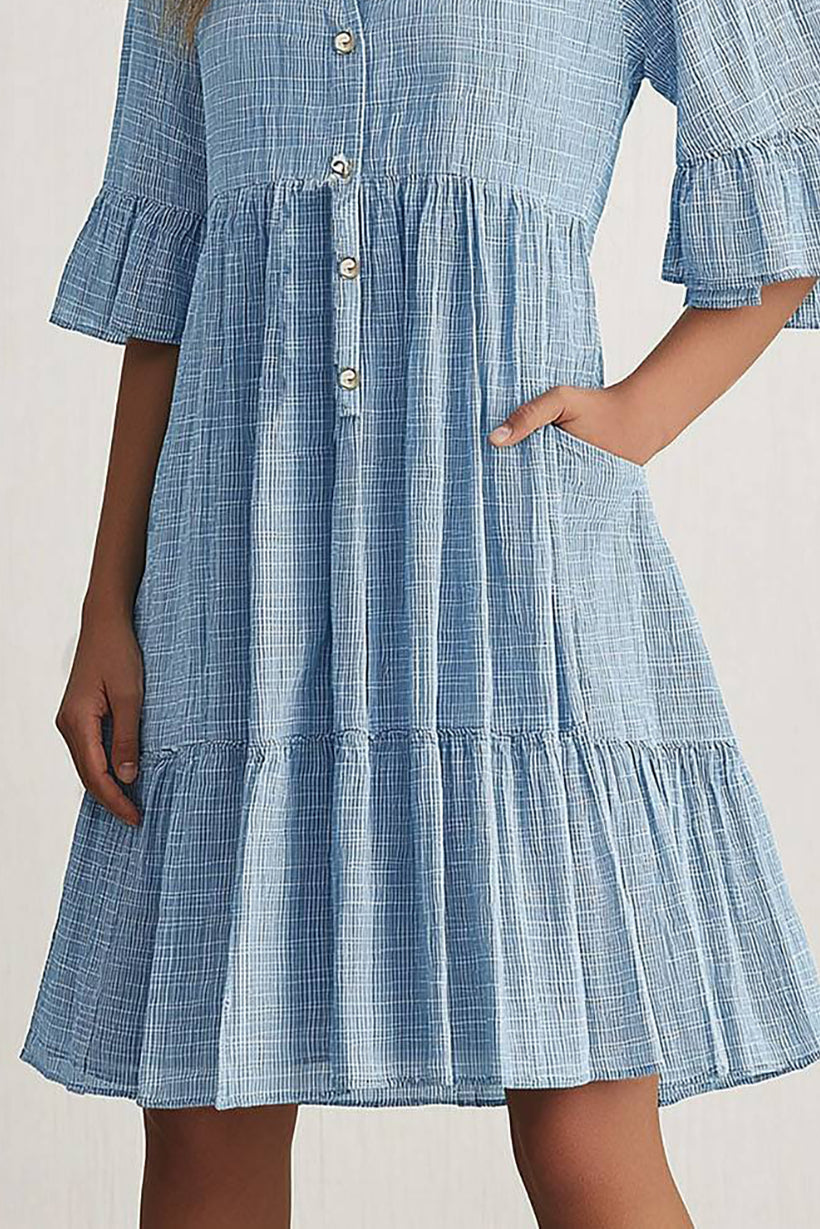 Daily Casual Linen Dress Ruffled Button-Down with Pockets Knee-Length Dress