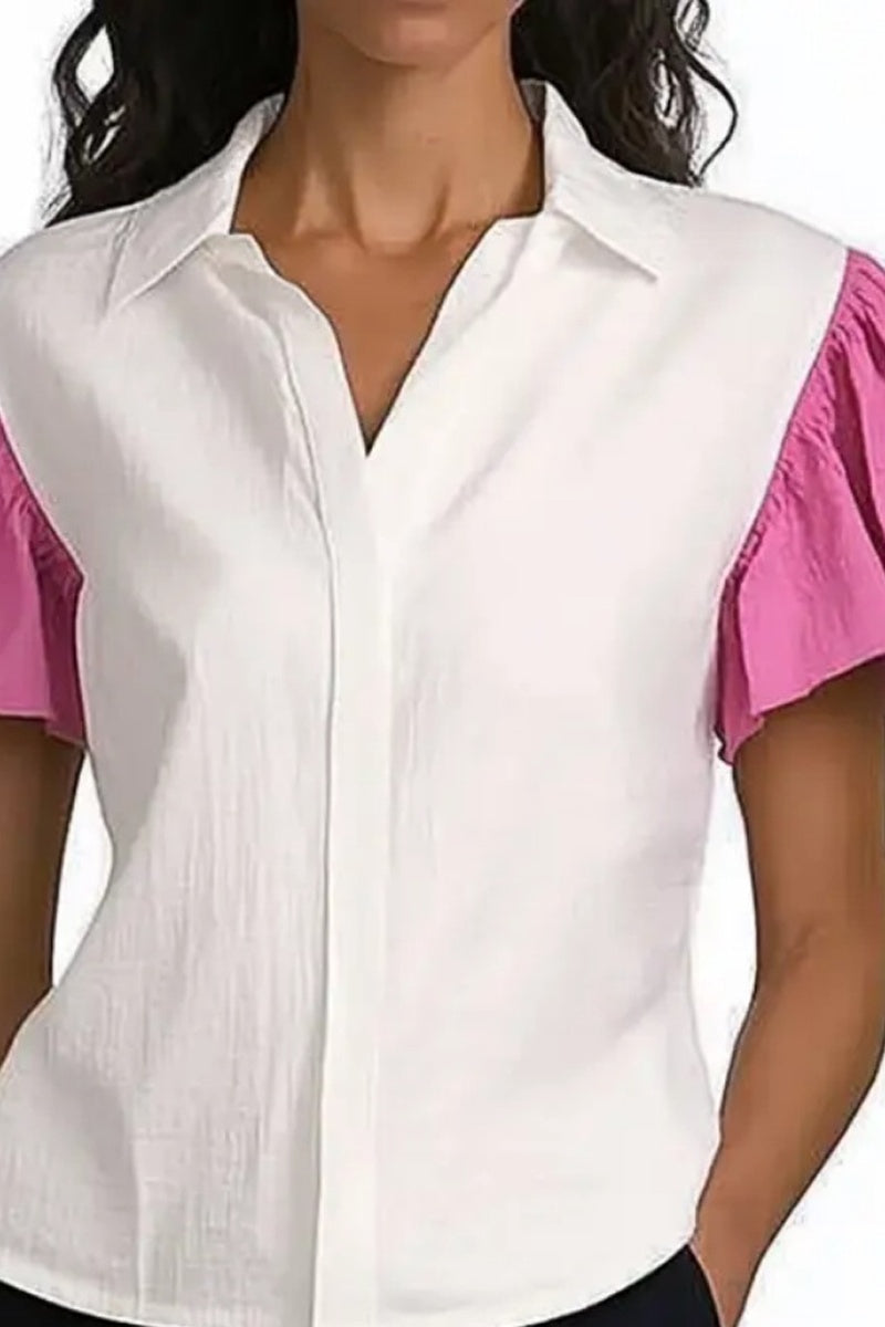 Basic Casual Top Shirt Collar White Ruffle Short Sleeve Top