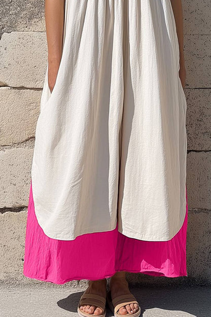 Vacation Casual Loose Dress White V Neck Color Block Sleeveless Maxi Dress