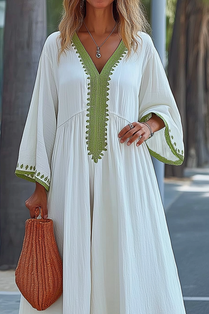 Vacation Casual Loose Dress Green V Neck 3/4 Length Sleeve Maxi Dress