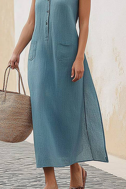 Casual Vacation Dress Sleeveless V-Neck Button-Up With Pocket Maxi Dress