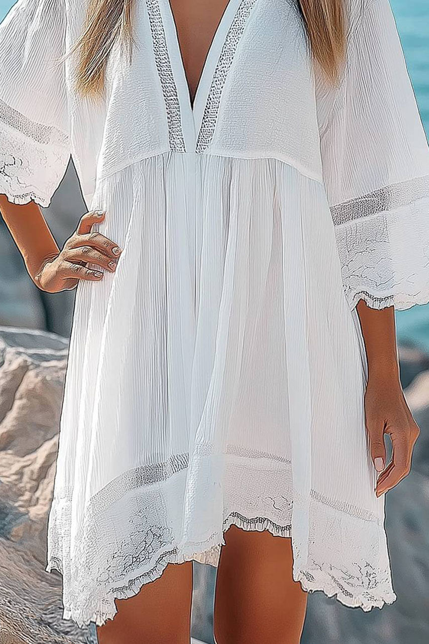 Vacation Beach Dress White Lace Panel Deep V Floral Trim Mini Dress