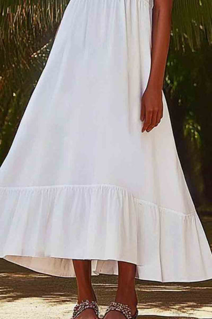 Vacation Casual Loose Dress White Crew Neck Ruffle Short Sleeve Maxi Dress