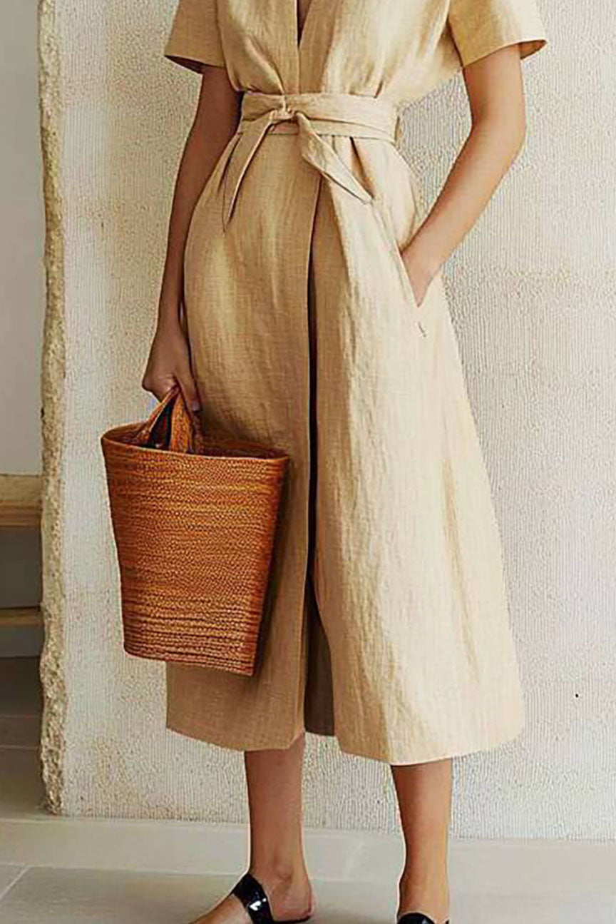 Casual Vacation Linen Dress Tie V-Neck Beige with Pockets Midi Dress