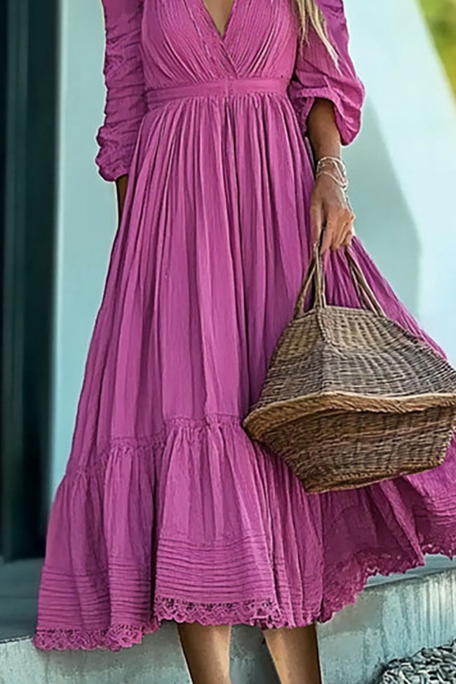 Chic Vacation Dress Purple Deep V-Neck Sleeveless Lace Trim Midi Dress