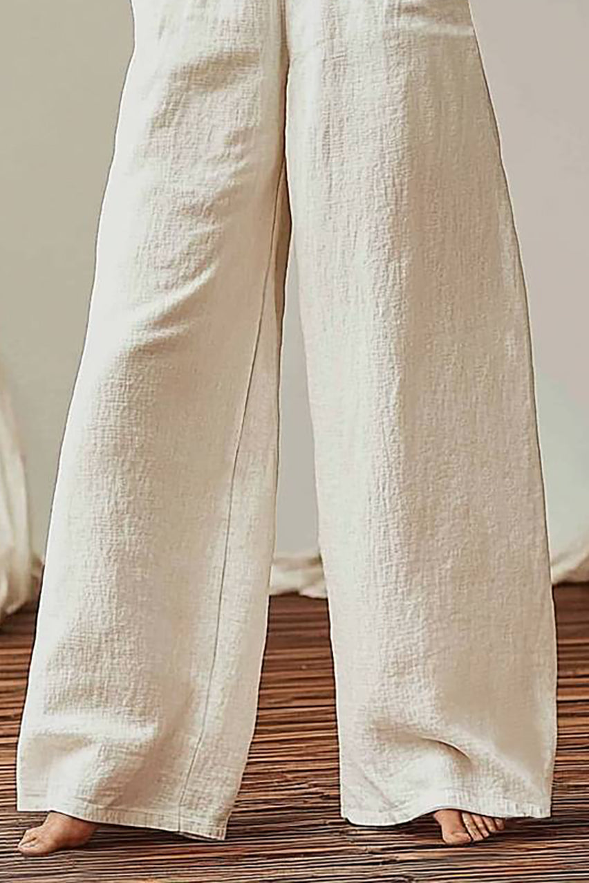 Casual Daily Wide-Leg Pants Beige Elastic Waist Pocketed Long Pants