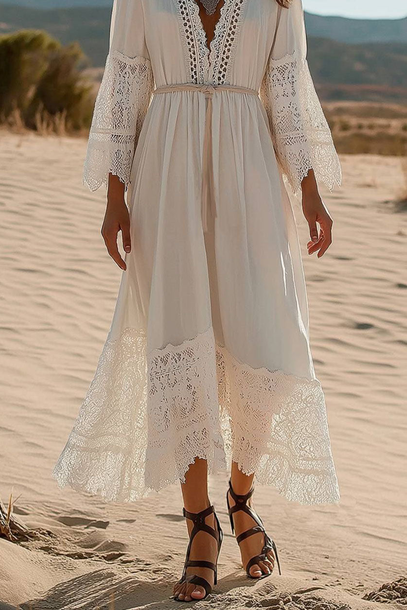 Bohemian Vacation Lace Dress Deep V Long Sleeve Belted Maxi Dress