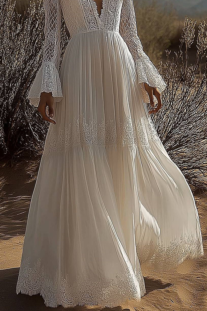 Bohemian Lace Dress Deep V Long Sleeve Ruffled Chiffon Maxi Dress