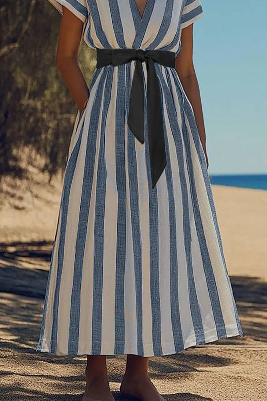 Casual Daily Striped Dress Tied V-Neck Blue and White Short Sleeve Maxi Dress