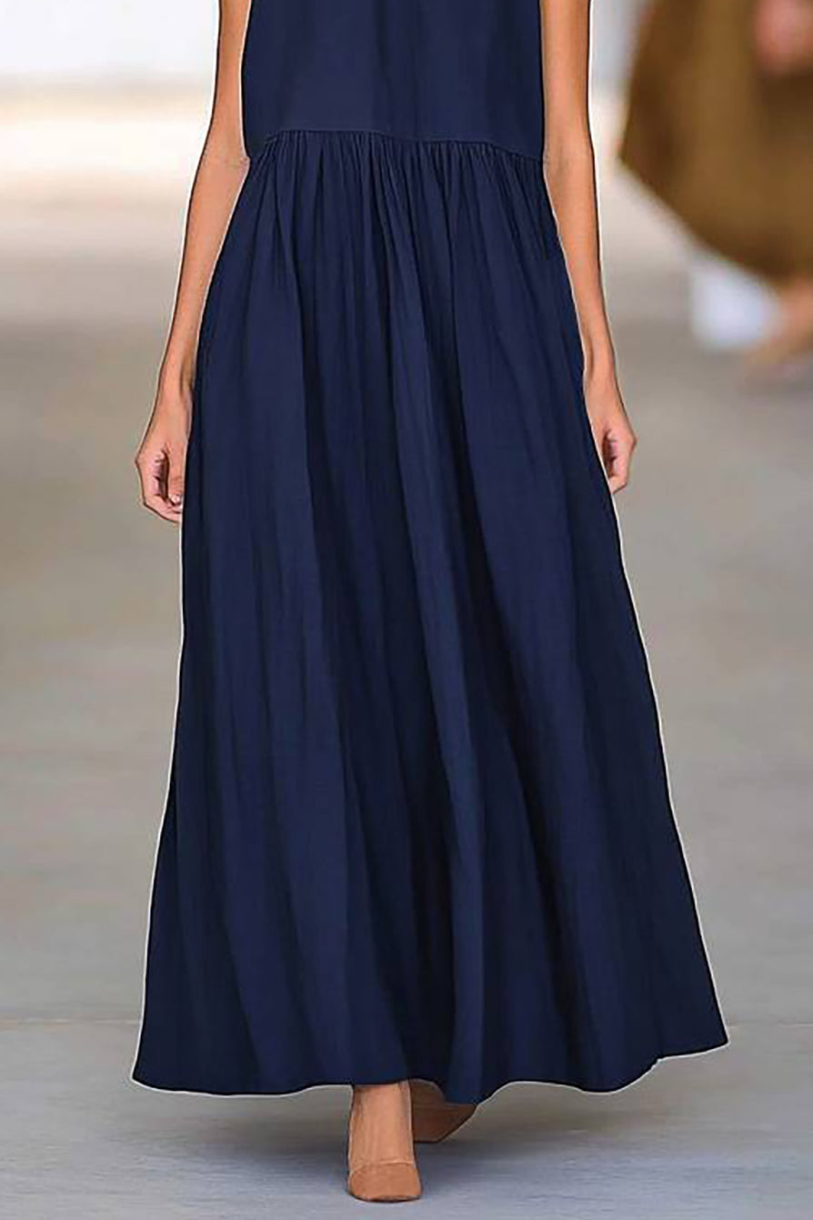 Casual Vacation Loose Dress Navy Crew Neck Sleeveless Maxi Dress