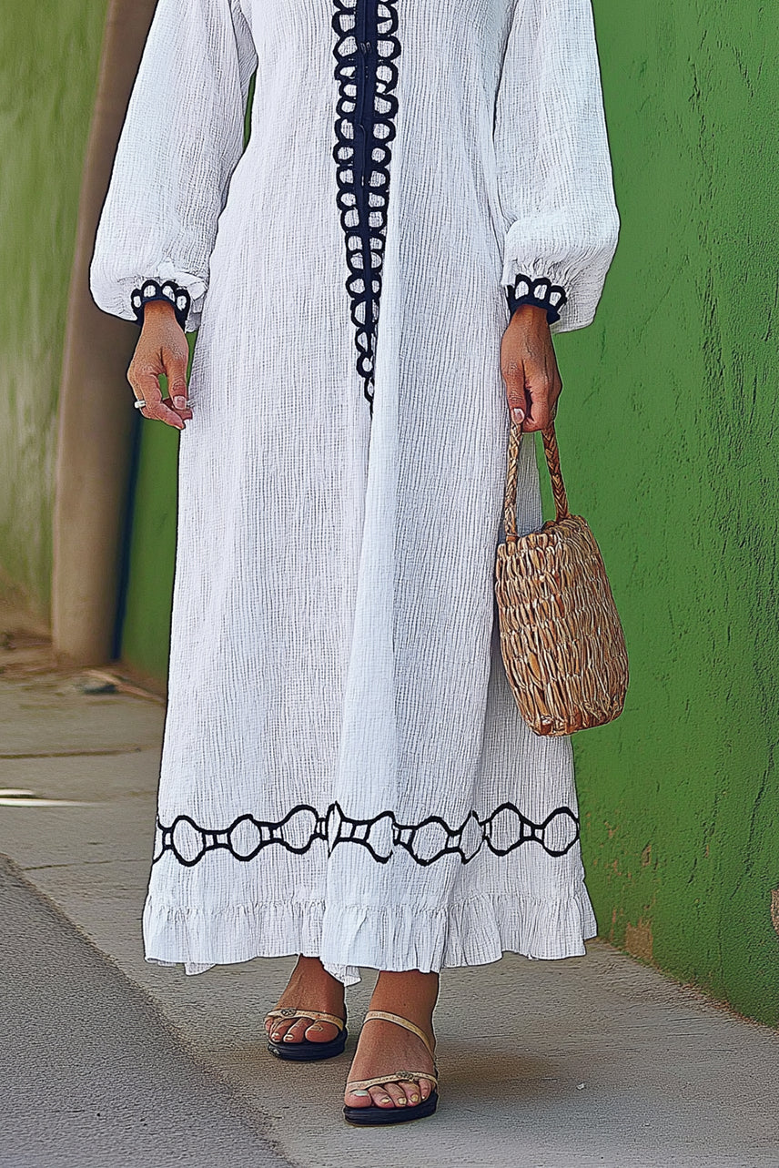 Casual Vacation Linen Dress White V-Neck Long Sleeve Ruffle Maxi Dress