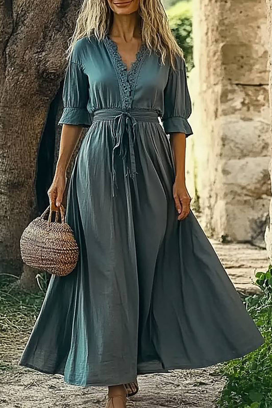 Casual Bohemian Dress Lace V-neck Short Sleeve Tie Maxi Dress