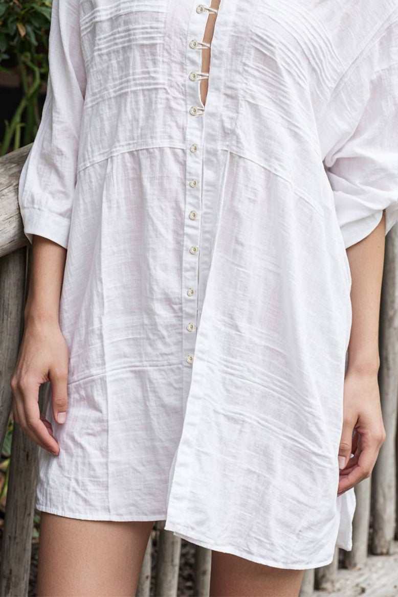 Travel Vacation Shirt Button V-neck Long Pure White Top