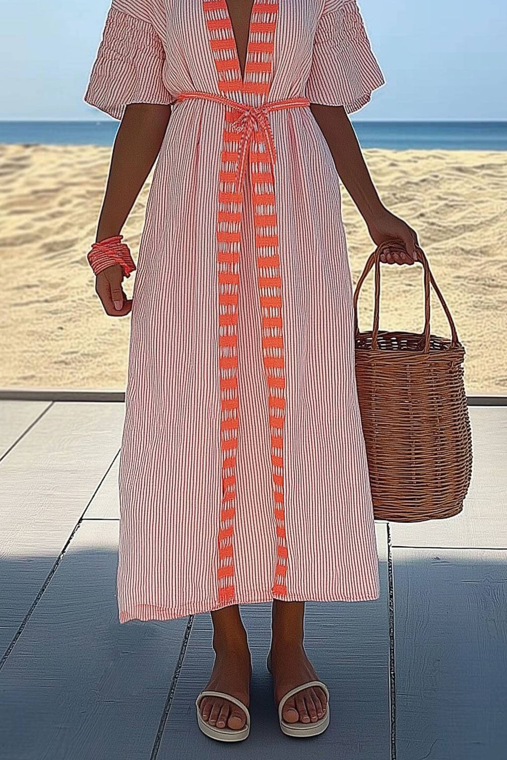 Beach Vacation Linen Dress Deep V-Neck Orange Striped Tied Maxi Dress