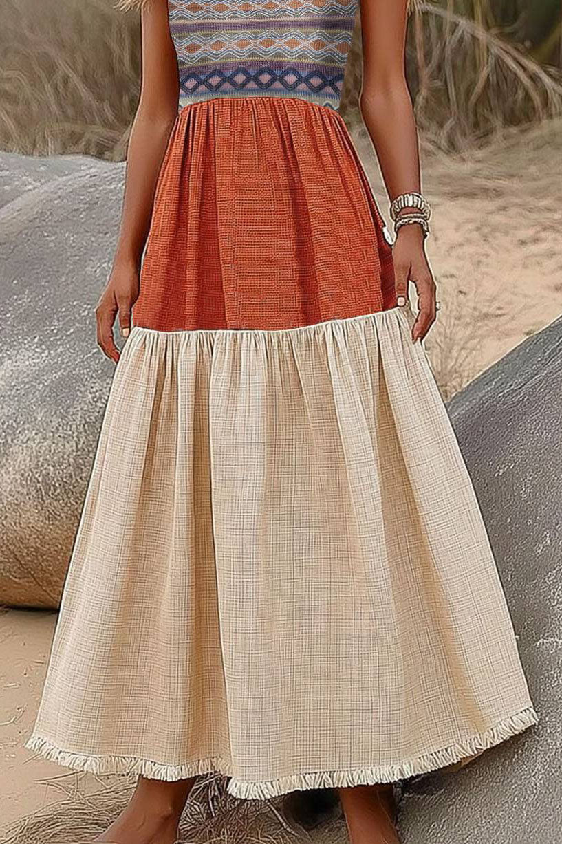 Bohemian Vacation Linen Dress Strap Ethnic Style Color Block Maxi Dress