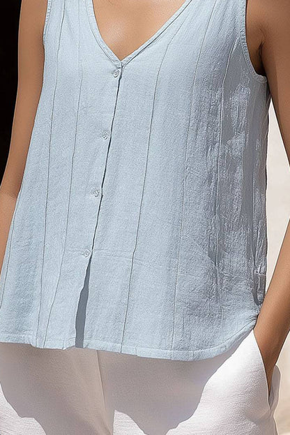 Casual Vacation Tops with Button-up Linen Sleeveless Light Blue V-neck Top