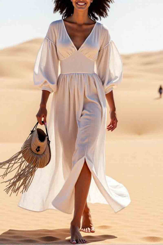 Vacation Casual Loose Dress White V Neck Split 3/4 Length Sleeve Maxi Dress