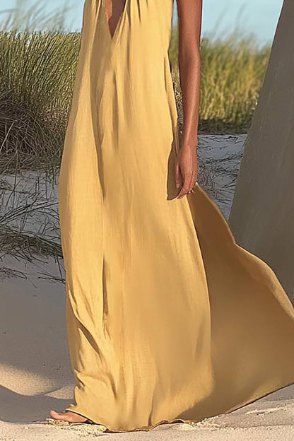 Bohemian Linen Dress Halter Deep V Loose Maxi Dress