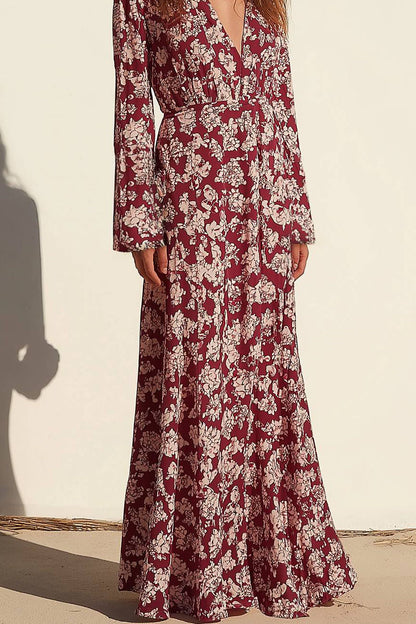 Casual Daily Floral Dress Deep V Long Sleeve Floor-Length Dress