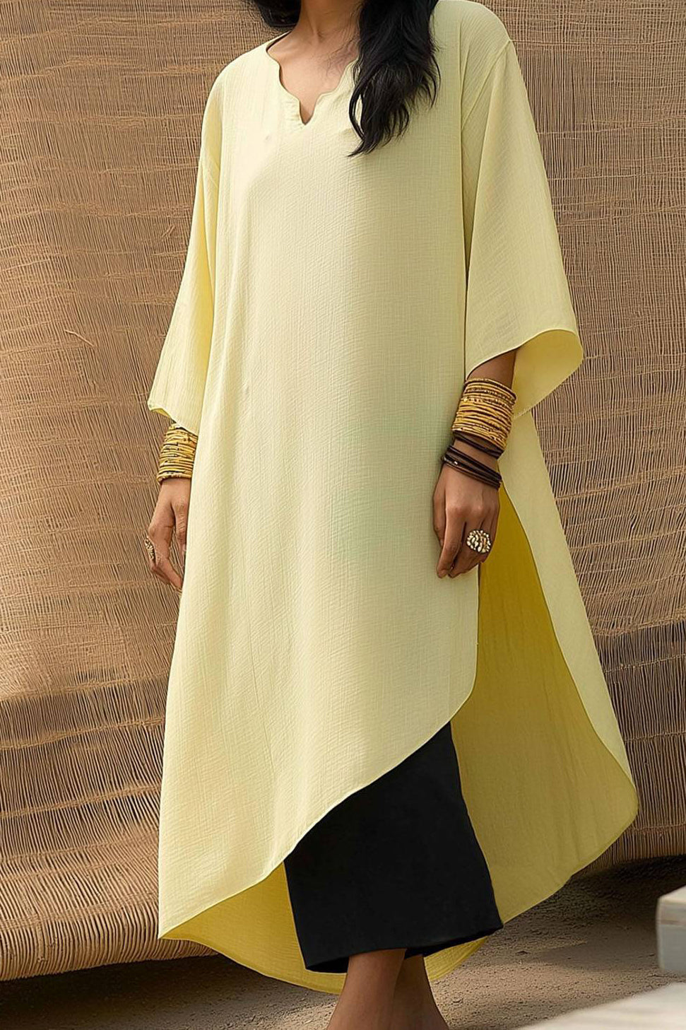 Casual Daily Loose Dress Linen Light Yellow V-Neck Side Slit Maxi Dress