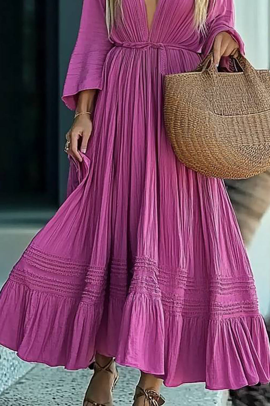 Bohemian Casual Dress Deep V Long Sleeve Purple Maxi Dress