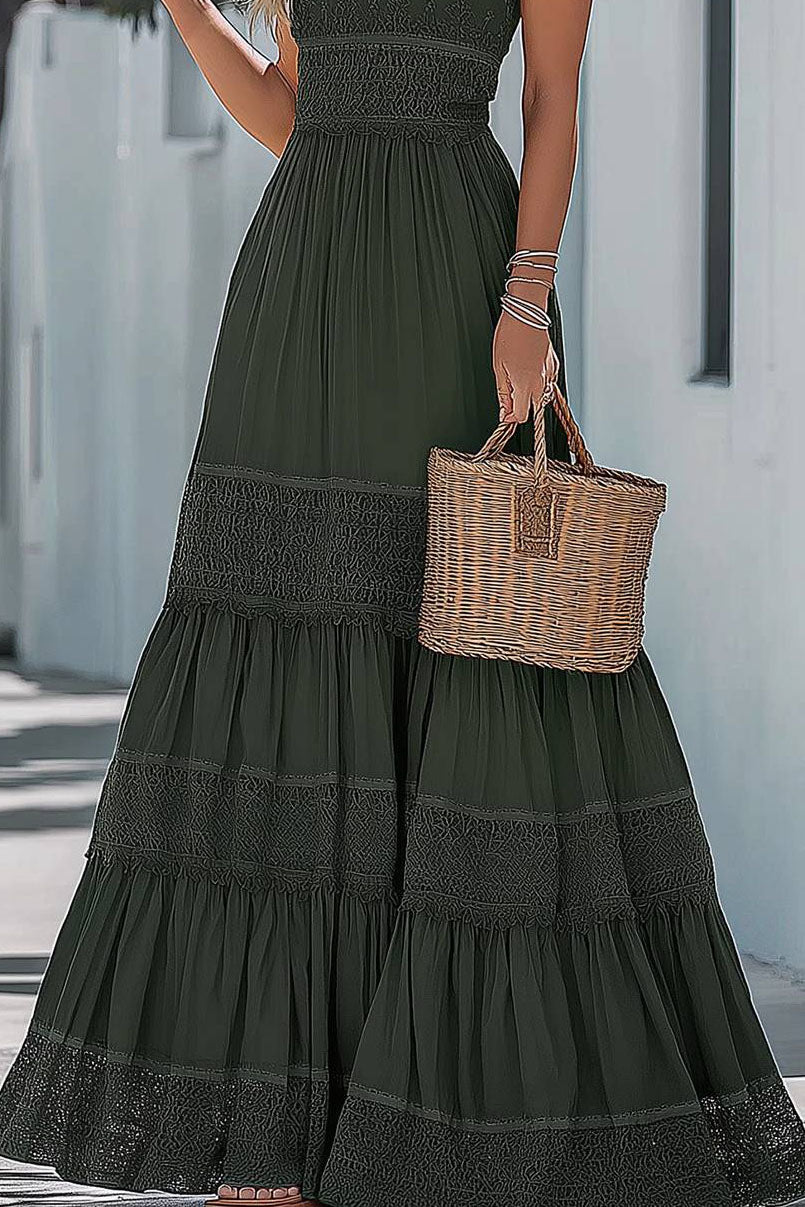 Bohemian Casual Dress Green Lace Strap Tiered Floor-Length Dress