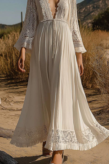 Bohemian Vacation Lace Dress Deep V Long Sleeve Tied Chiffon Maxi Dress