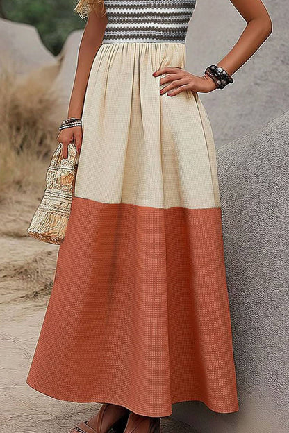 Bohemian Ethnic Style Strap Dress Color Block Maxi Dress