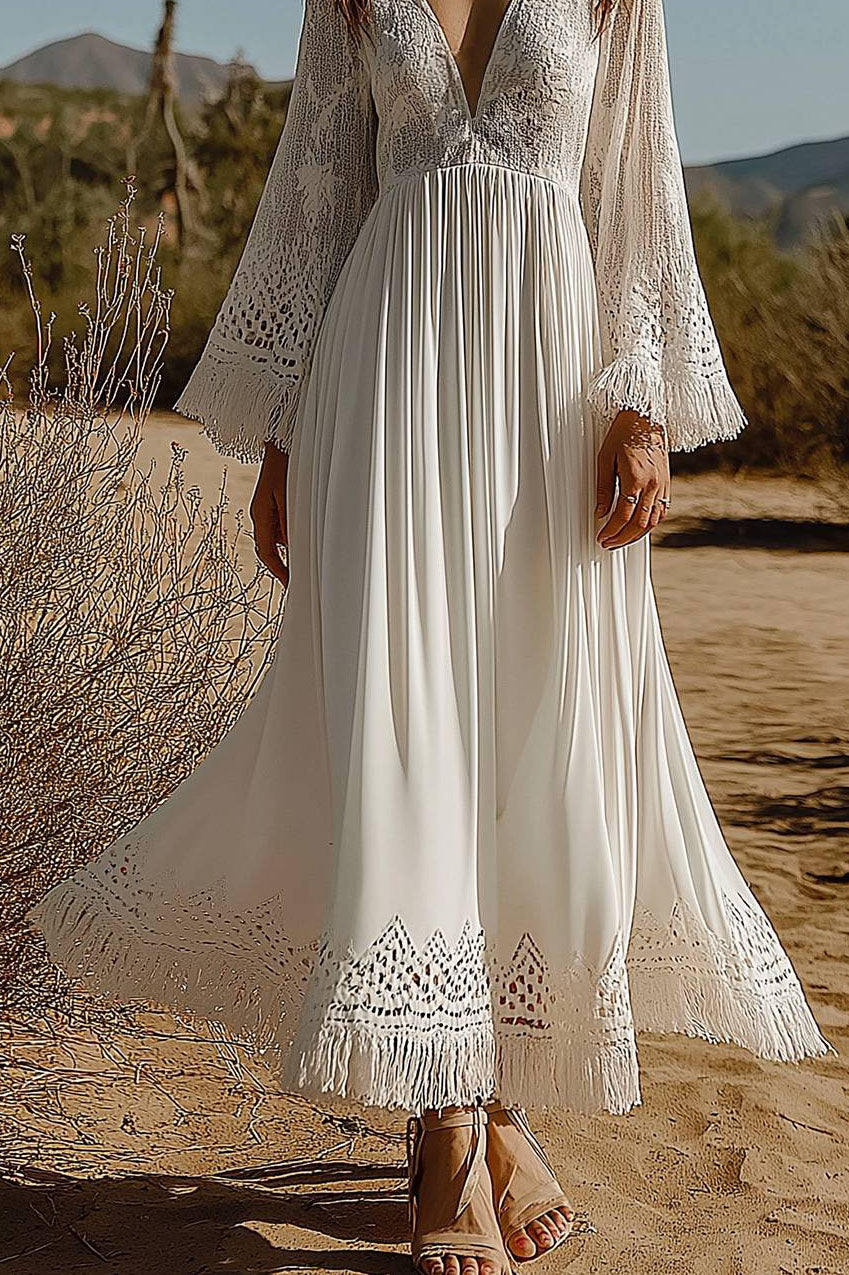 Casual Vacation Lace Dress Fringed Edge Deep V Maxi Dress