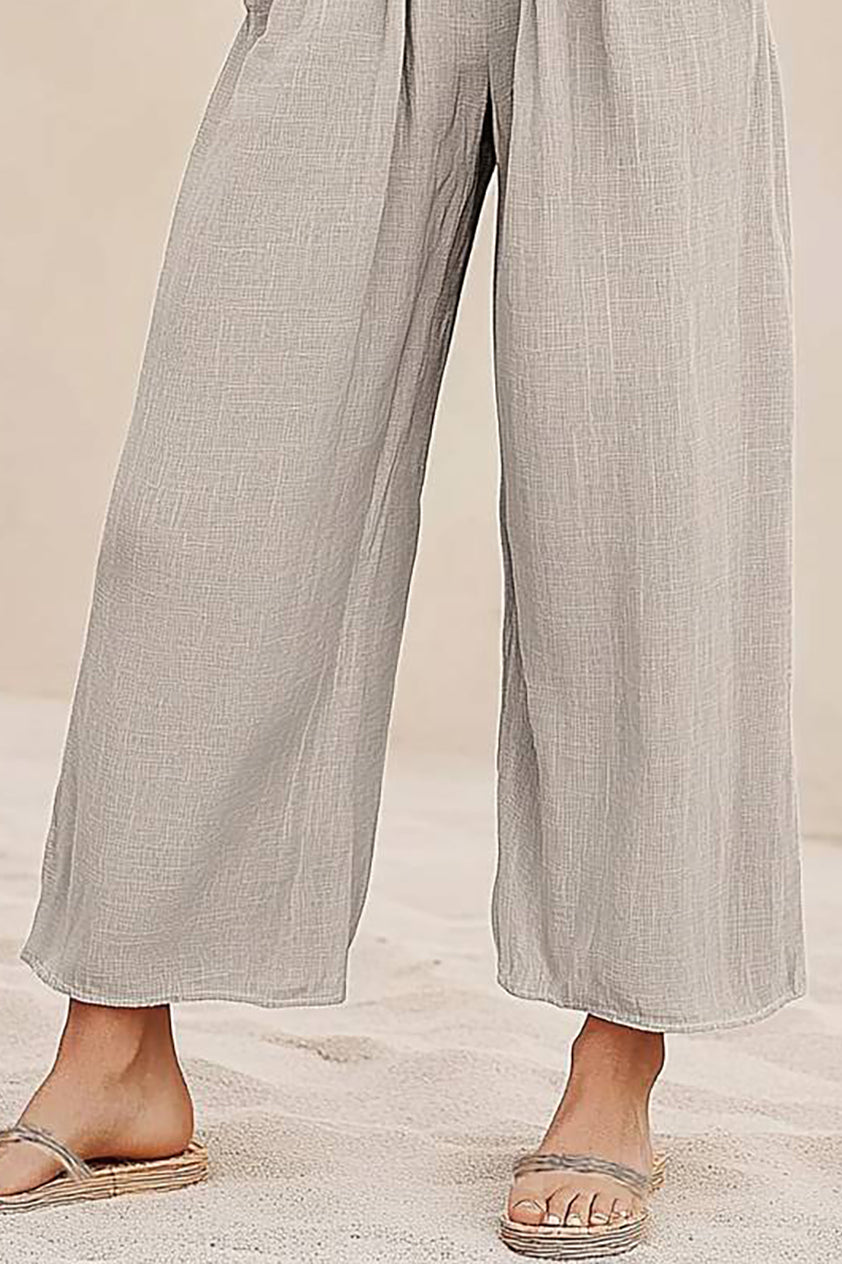 Bohemian Casual Long Pants Elastic Waist Linen Grey Pocket Pants