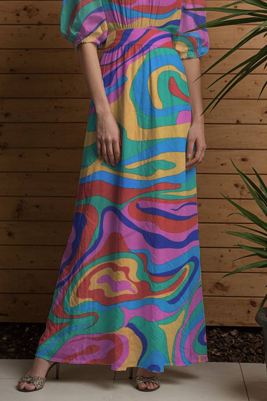 Vacation Casual Floral Dress Multi-color Bubble Sleeve Square Neck Maxi Dress