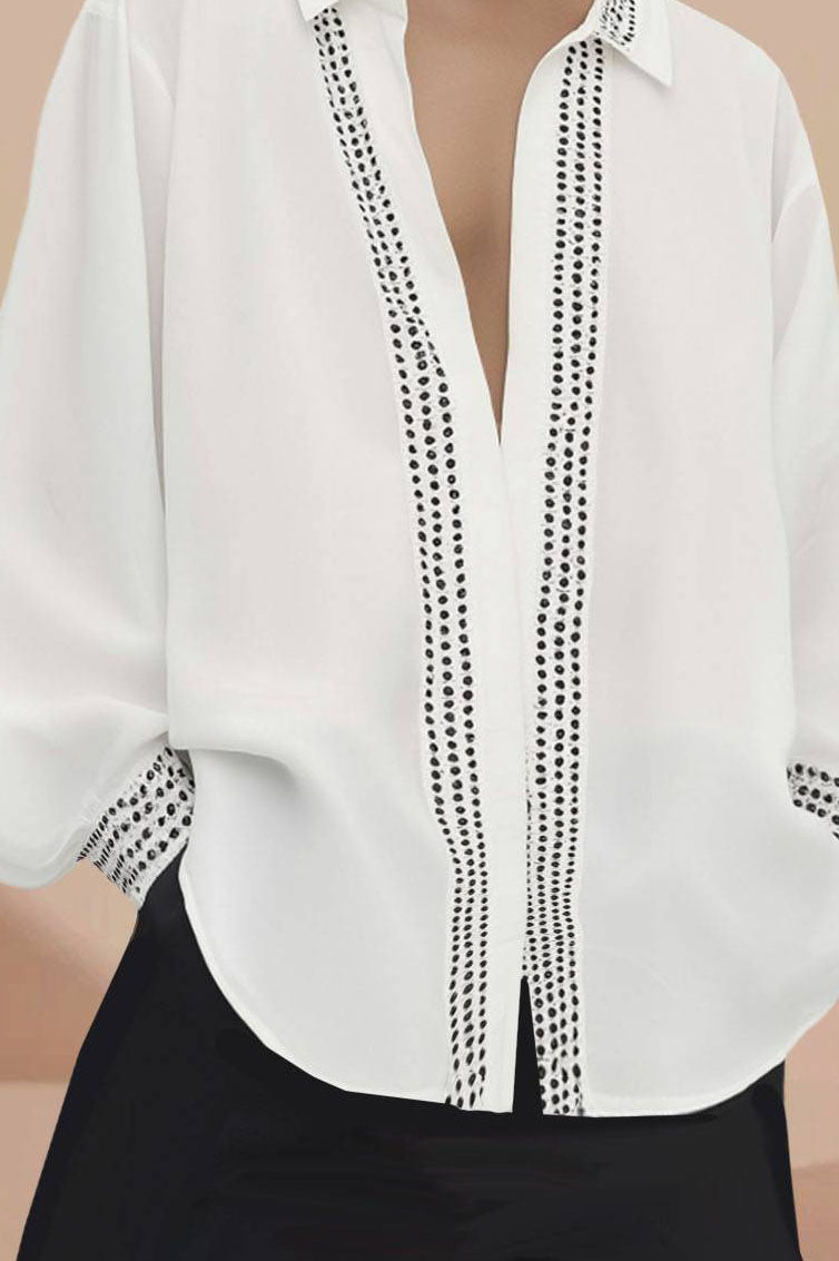 Chic Casual Shirt White Lapel Deep V Lantern Sleeve Tops