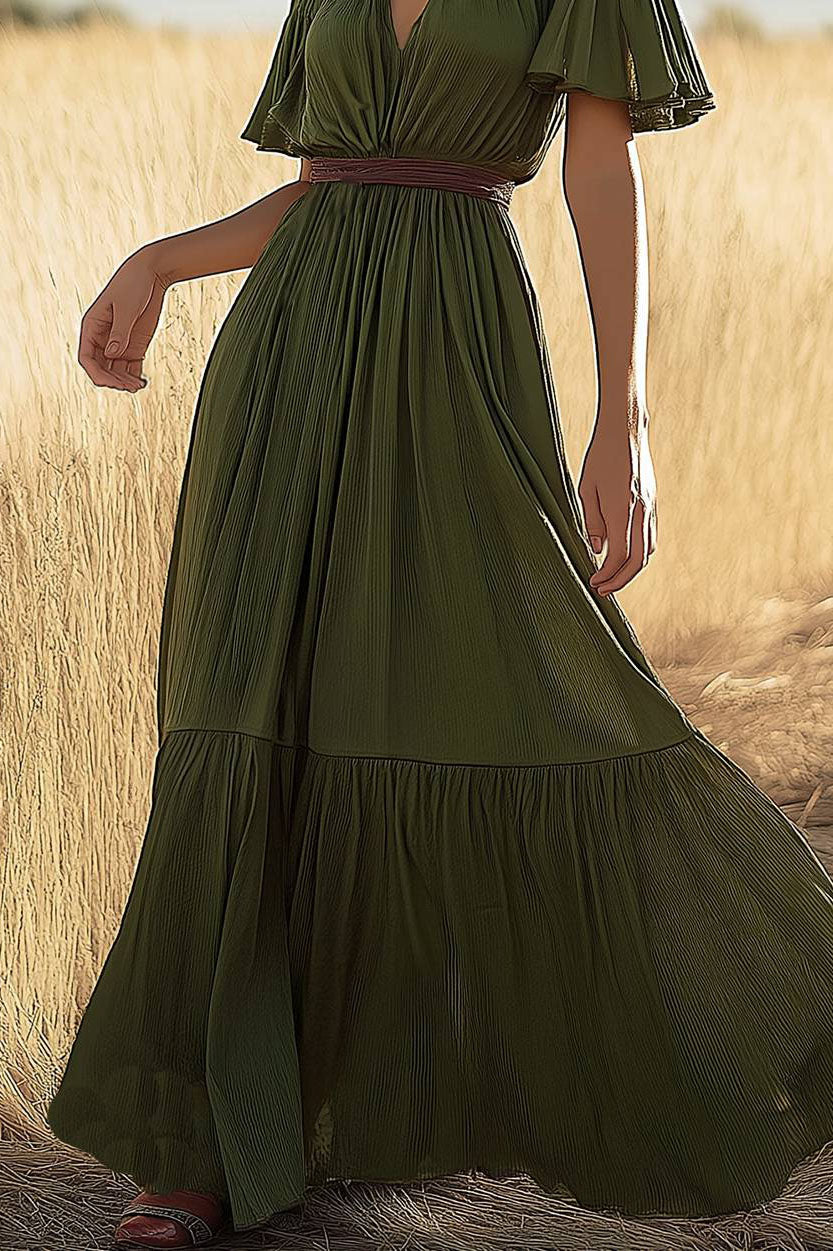 Bohemian Vintage Dress Green V-Neck Ruffled Sleeve Maxi Dress