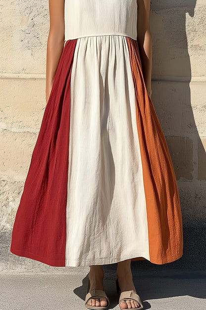 Casual Vacation Color-block Dress Crew Neck Sleeveless Maxi Dress