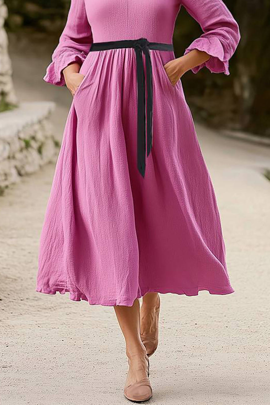 Vintage Casual Dress V-Neck Long Sleeve Rose Belted Midi Dress