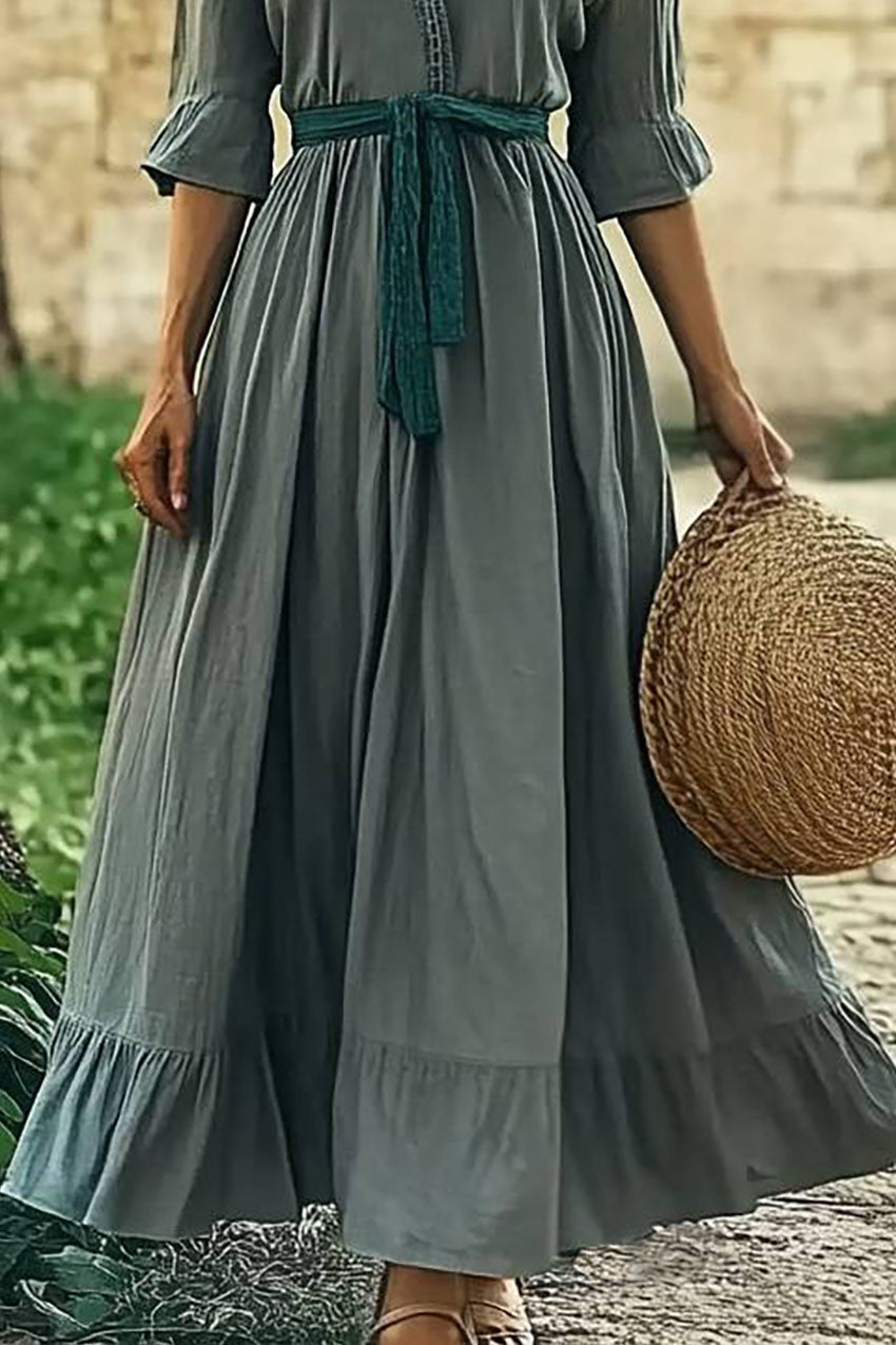 Bohemian Vintage Dress Linen Cross Neck Ruffled Lace-up Maxi Dress