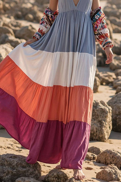 Beach Vacation Dress Halter Deep V Color Block Maxi Dress