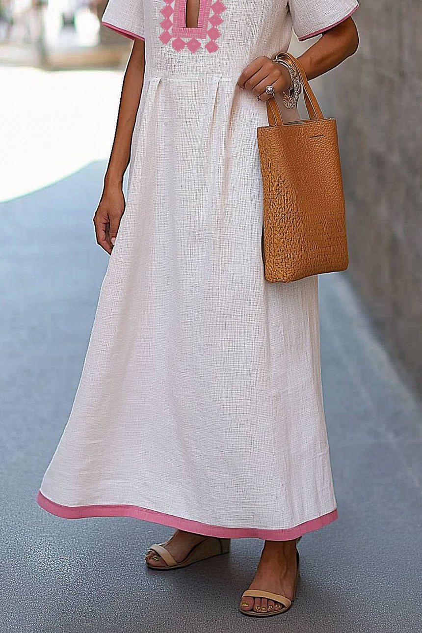 Vacation Casual Linen Dress Deep V-Neck Pink Woven Strap Maxi Dress