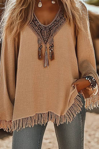 Bohemian Casual Top U-Neck Brown Fringe Linen Long Sleeve Top