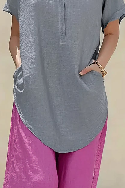 Casual Vacation Top Linen Y-neck Grey Side Pocket Top