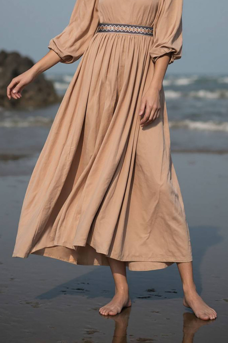 Bohemian Casual Dress Light Brown U-Neck Midi Dress