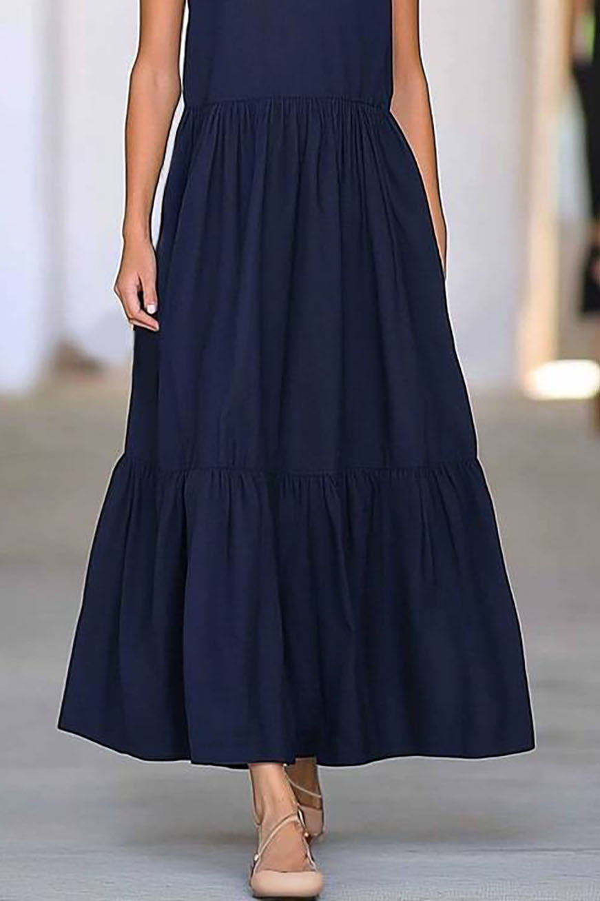 Casual Daily Sleeveless Dress Navy Loose Fit Crew Neck Maxi Dress