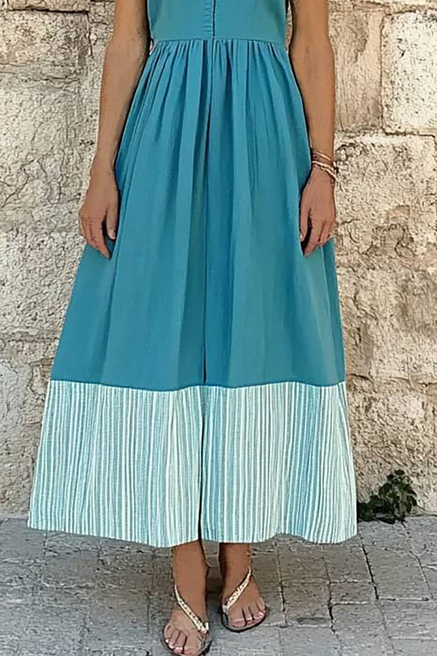 Vacation Daily Dress Linen Round Neck Color Block Maxi Dress