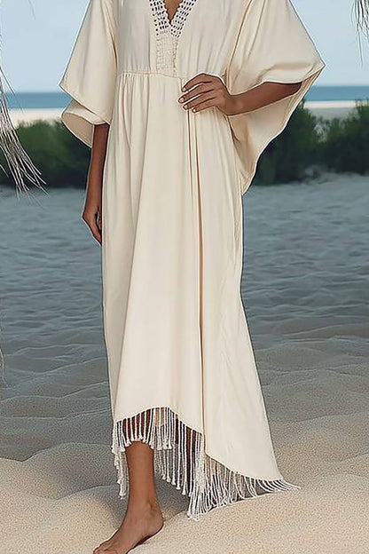 Bohemian Vacation Dress Lace Deep V Tassel Loose Maxi Dress