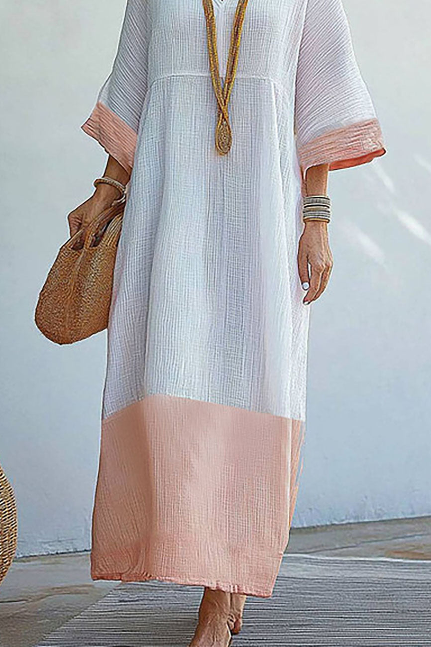 Casual Daily Loose Dress White-Orange Colorblock V-Neck Maxi Dress